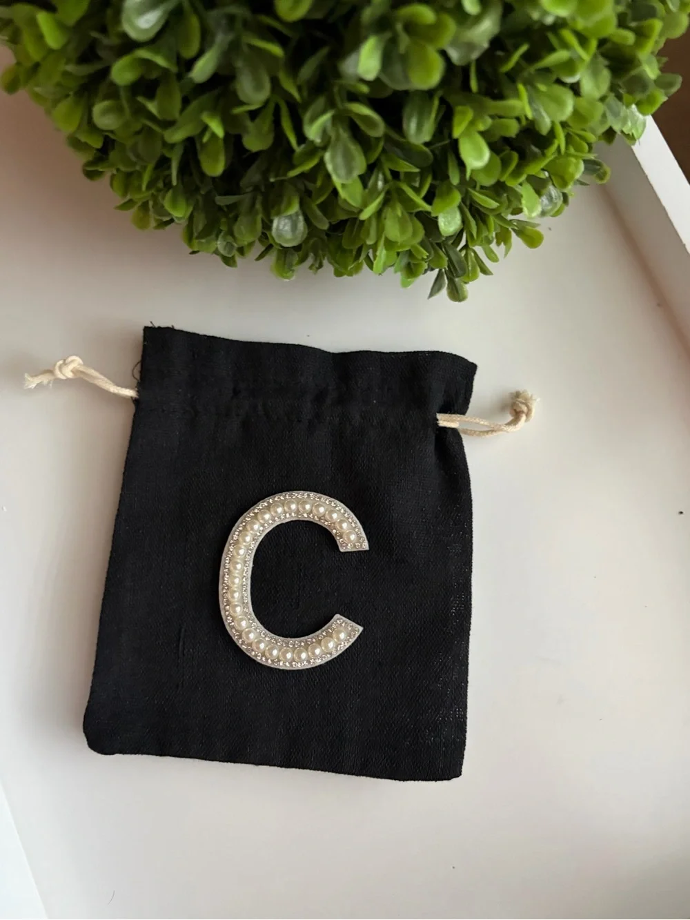 Black Drawstring Pouch with Pearl-Embellished Initial Accent - choose one